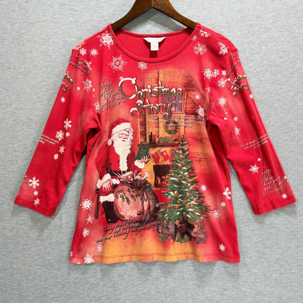 Christopher & Banks Graphic Tee Womens L Red Santa Clause Graphic Holiday Xmas